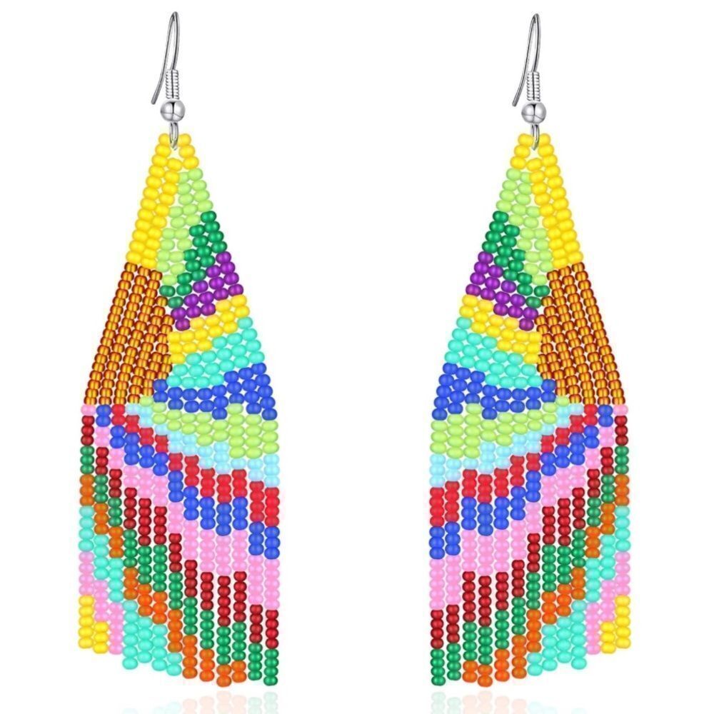 Multicolor Boho Seed Bead Tassel Dangling Statement French Wire Hook Earrings